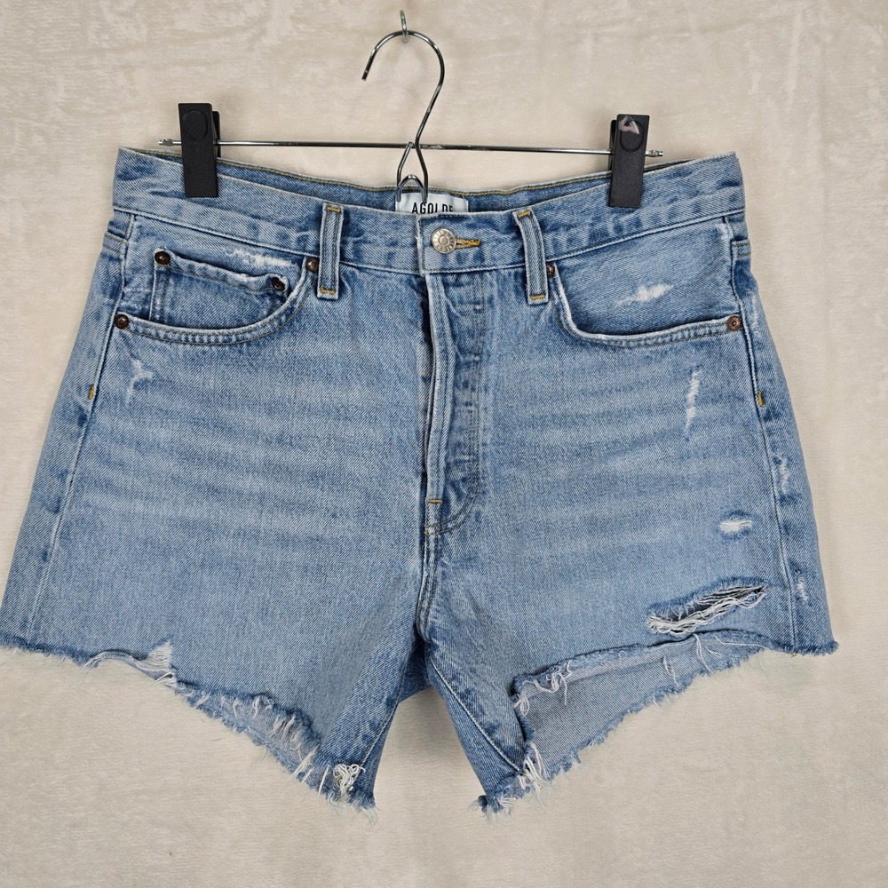AGOLDE Parker Long High Rise Distressed Denim Shorts Light Wash 28 A9010-811